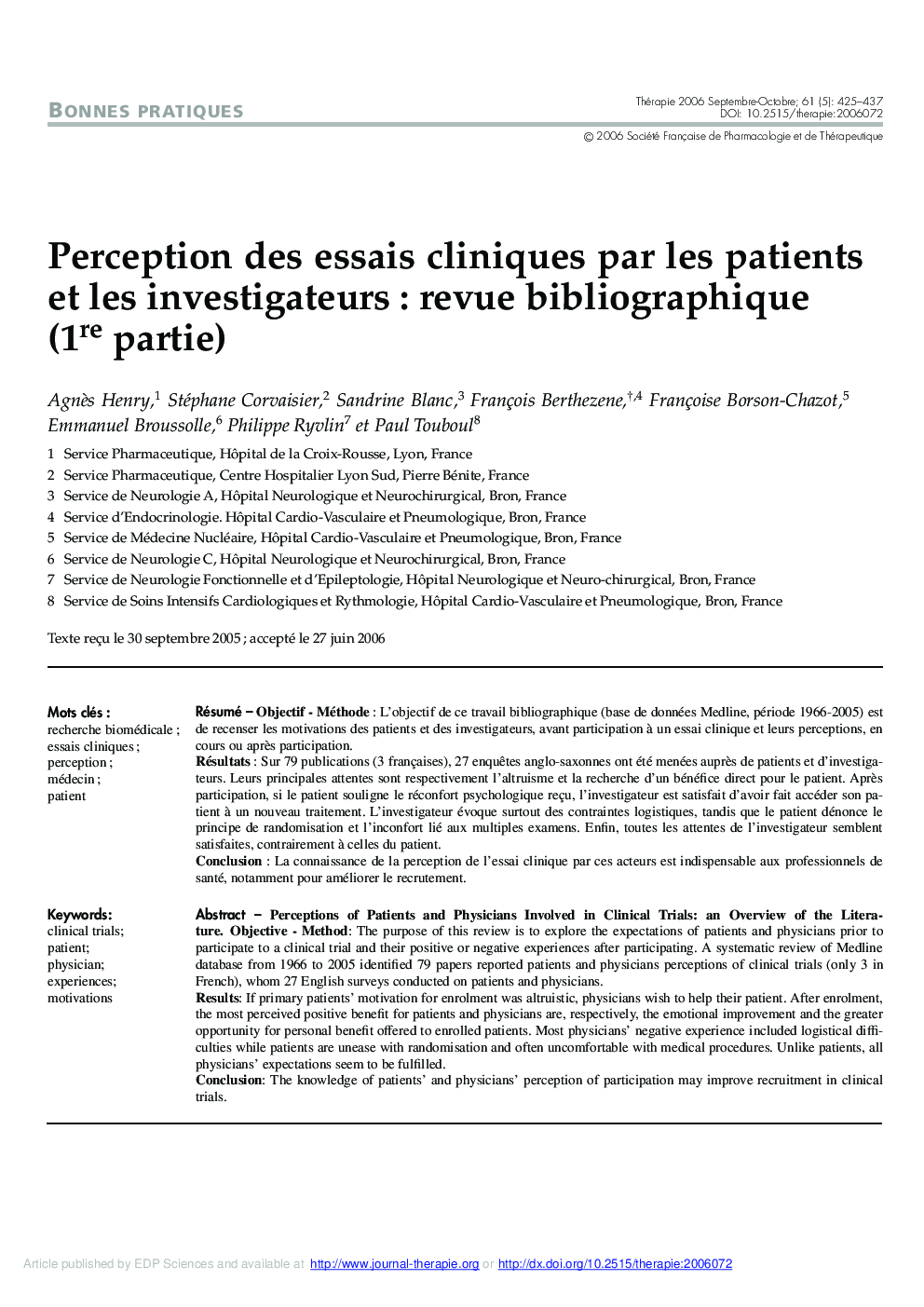 Perception des essais cliniques par les patients et les investigateurs : revue bibliographique (1re partie)