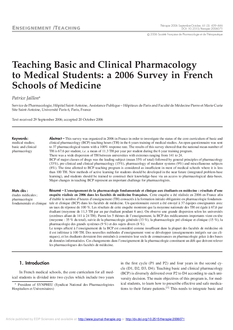 Teaching Basic and Clinical Pharmacology to Medical Students: a 2006 Survey in French Schools of Medicine