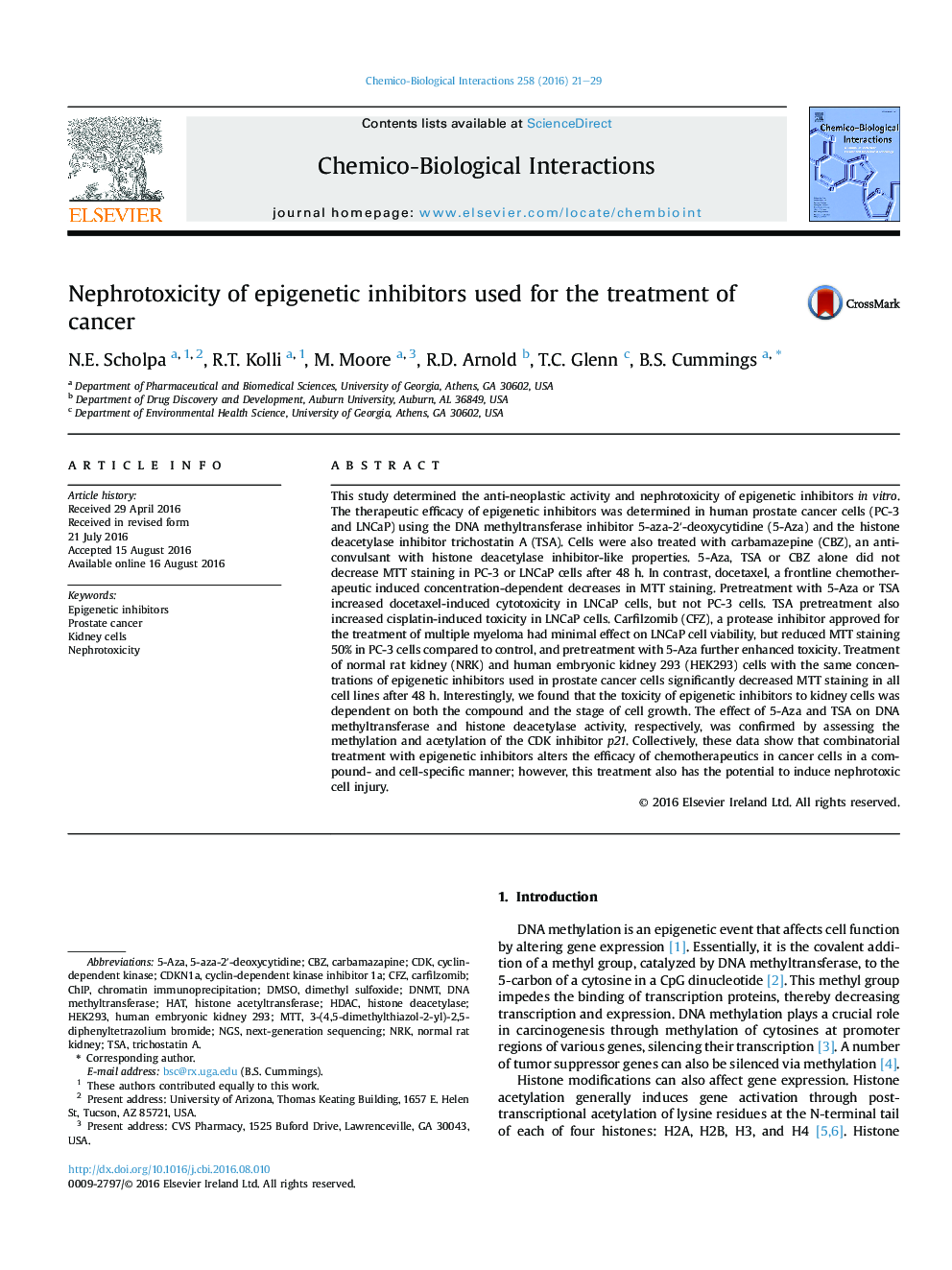 Nephrotoxicity of epigenetic inhibitors used for the treatment of cancer