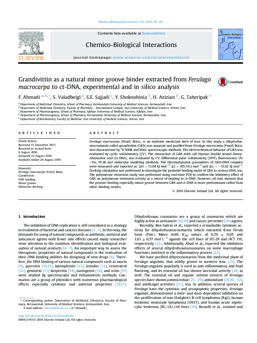 Grandivittin as a natural minor groove binder extracted from Ferulago macrocarpa to ct-DNA, experimental and in silico analysis