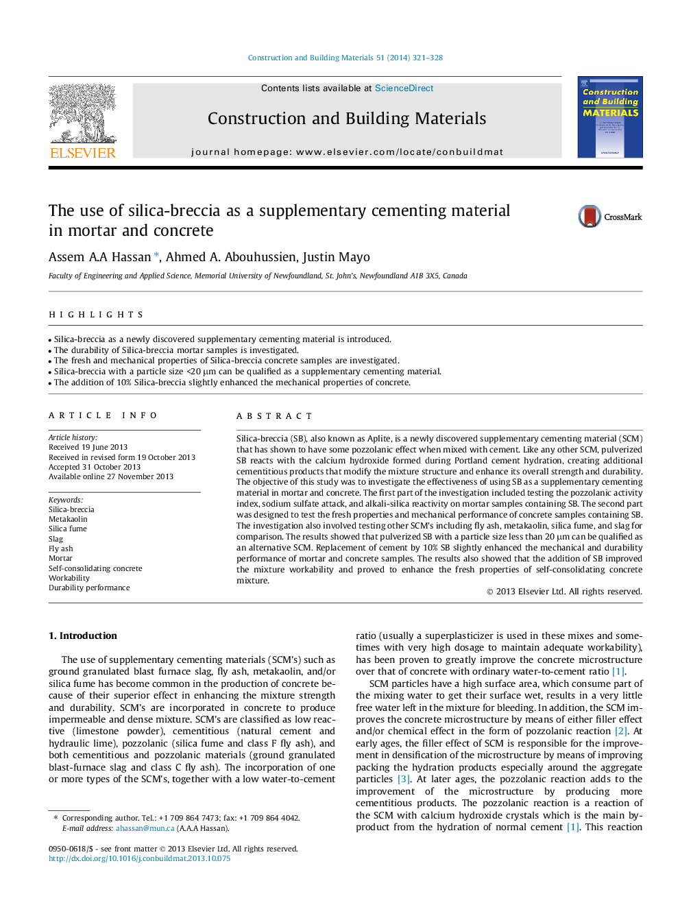 The use of silica-breccia as a supplementary cementing material in mortar and concrete