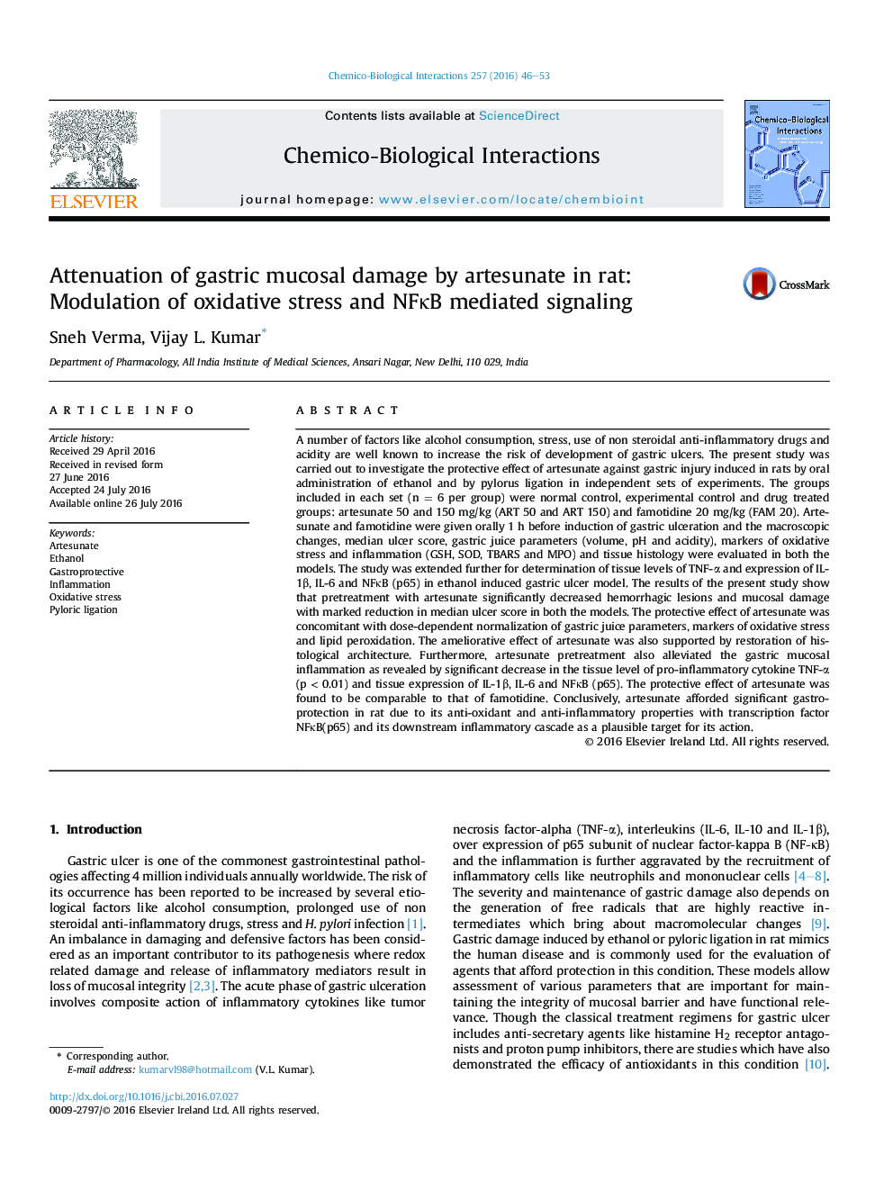 Attenuation of gastric mucosal damage by artesunate in rat: Modulation of oxidative stress and NFκB mediated signaling