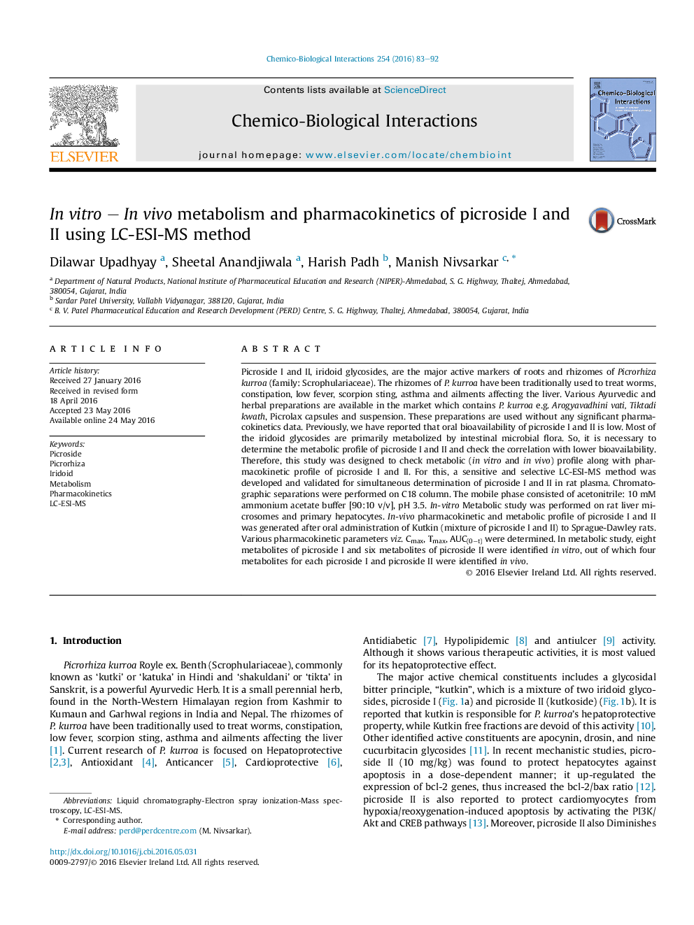 In vitro – In vivo metabolism and pharmacokinetics of picroside I and II using LC-ESI-MS method