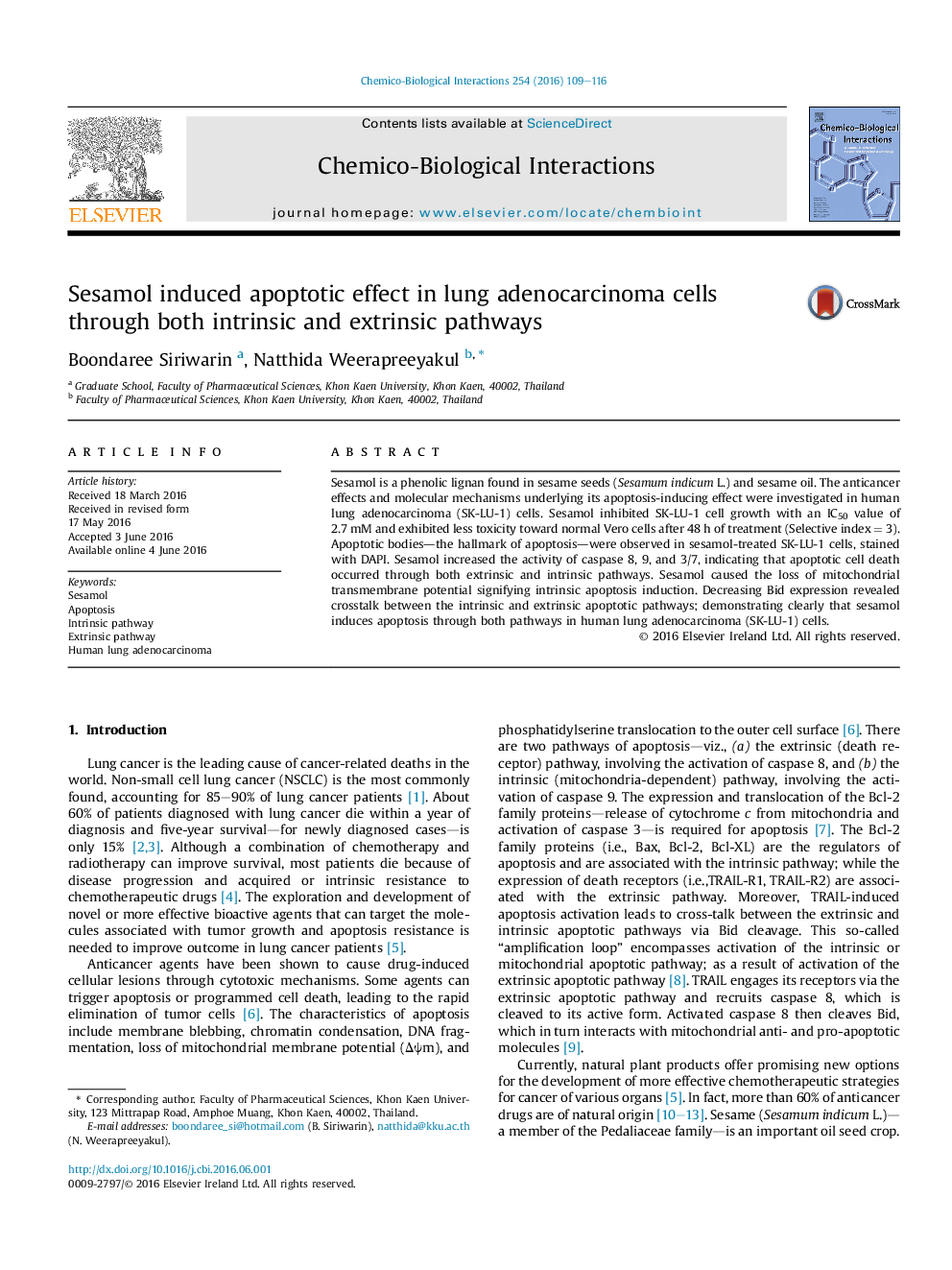 Sesamol induced apoptotic effect in lung adenocarcinoma cells through both intrinsic and extrinsic pathways