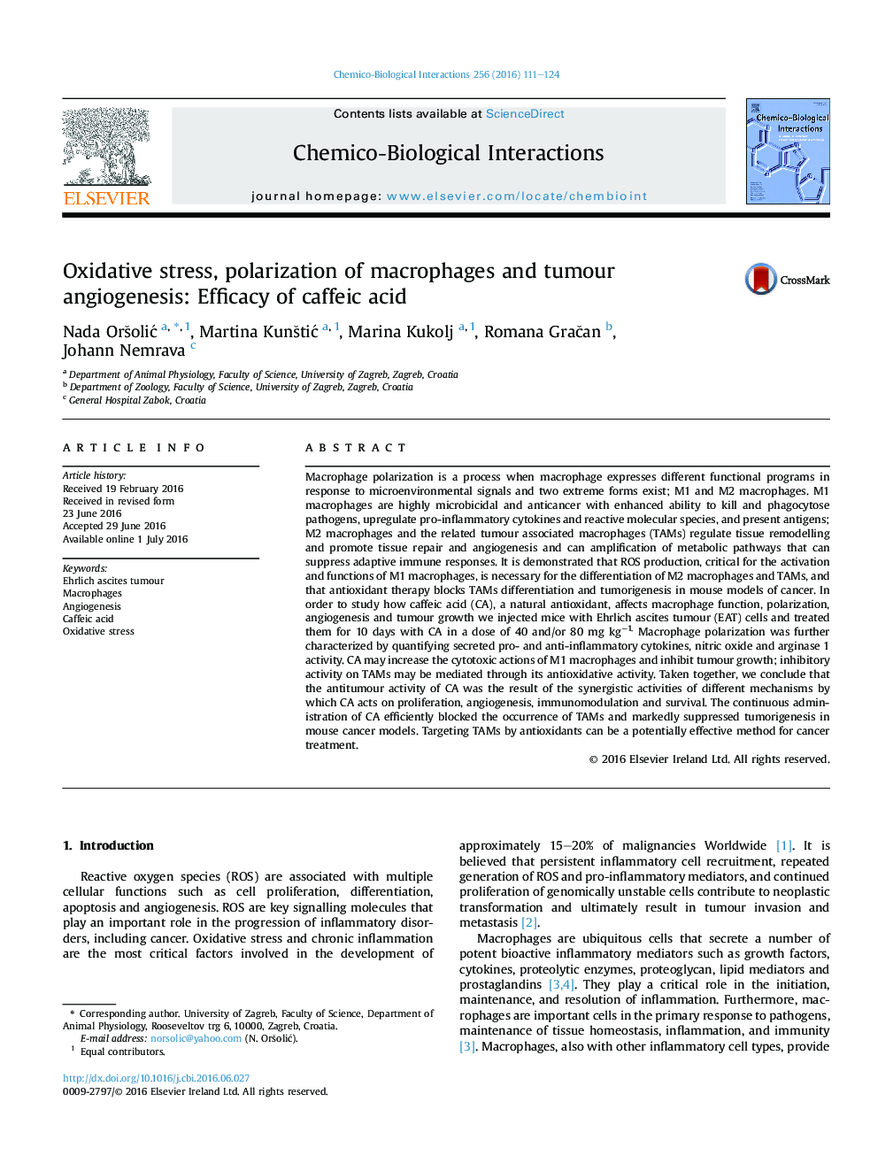 Oxidative stress, polarization of macrophages and tumour angiogenesis: Efficacy of caffeic acid