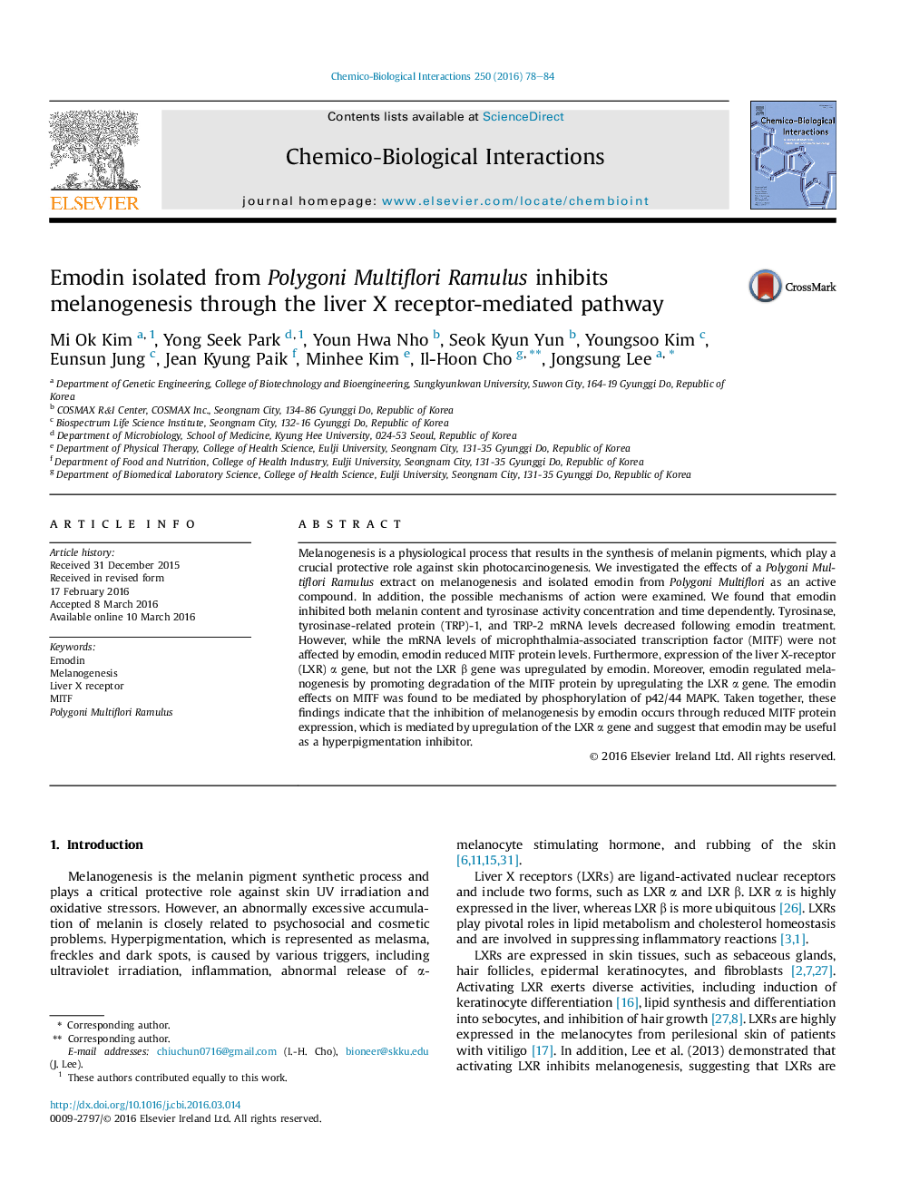 Emodin isolated from Polygoni Multiflori Ramulus inhibits melanogenesis through the liver X receptor-mediated pathway