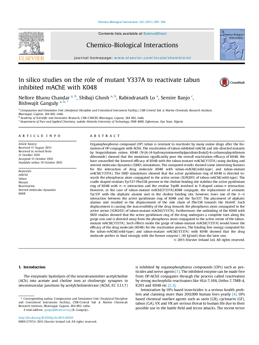 In silico studies on the role of mutant Y337A to reactivate tabun inhibited mAChE with K048