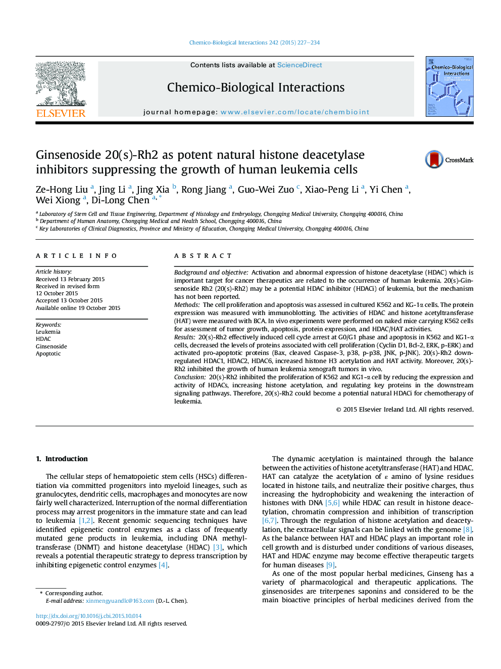 Ginsenoside 20(s)-Rh2 as potent natural histone deacetylase inhibitors suppressing the growth of human leukemia cells