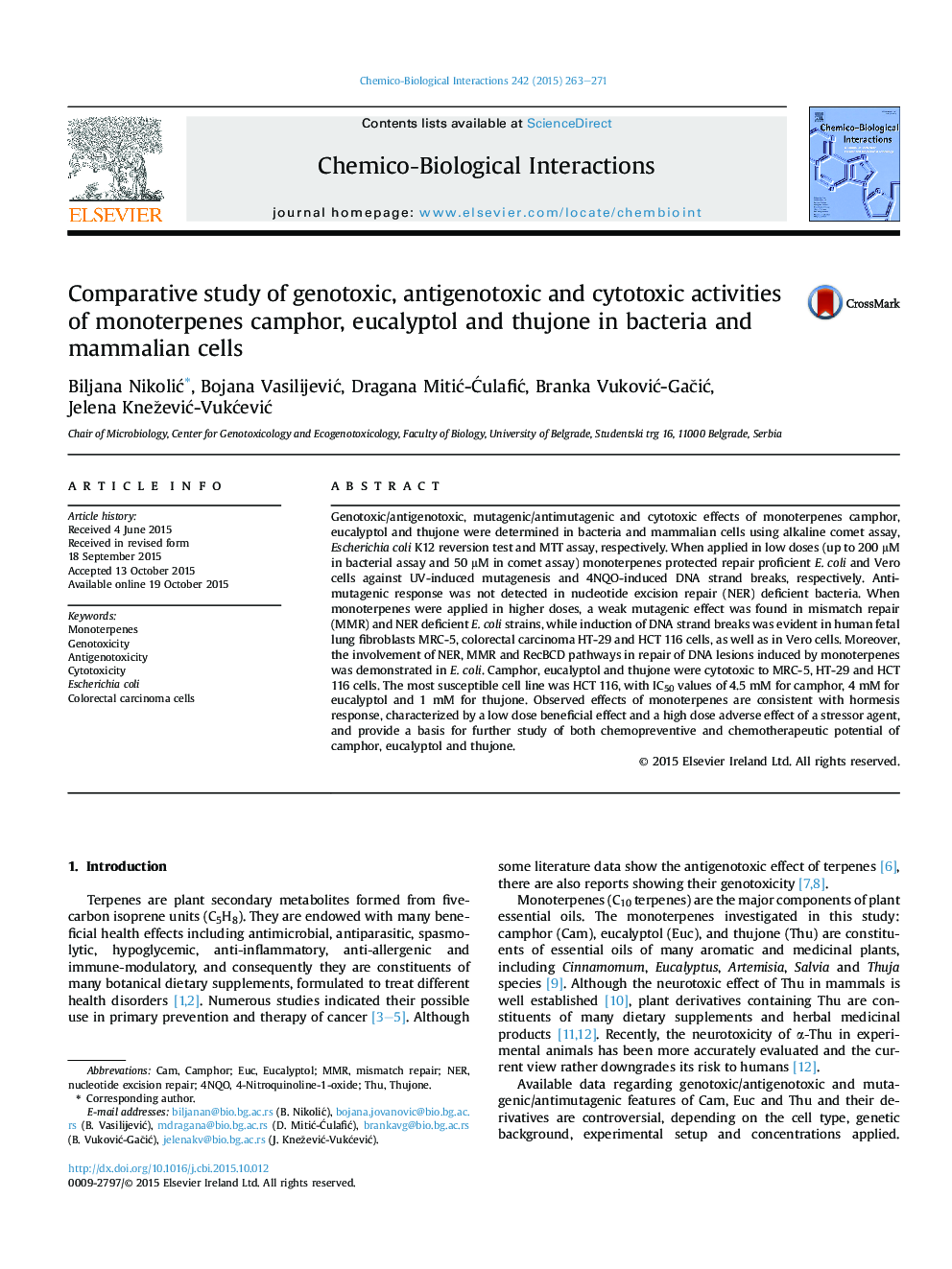 Comparative study of genotoxic, antigenotoxic and cytotoxic activities of monoterpenes camphor, eucalyptol and thujone in bacteria and mammalian cells