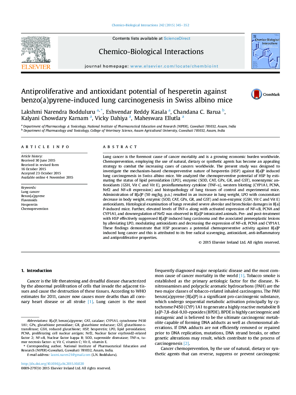 Antiproliferative and antioxidant potential of hesperetin against benzo(a)pyrene-induced lung carcinogenesis in Swiss albino mice