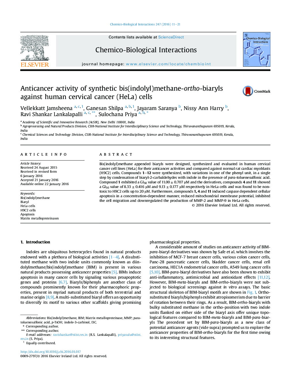 Anticancer activity of synthetic bis(indolyl)methane-ortho-biaryls against human cervical cancer (HeLa) cells