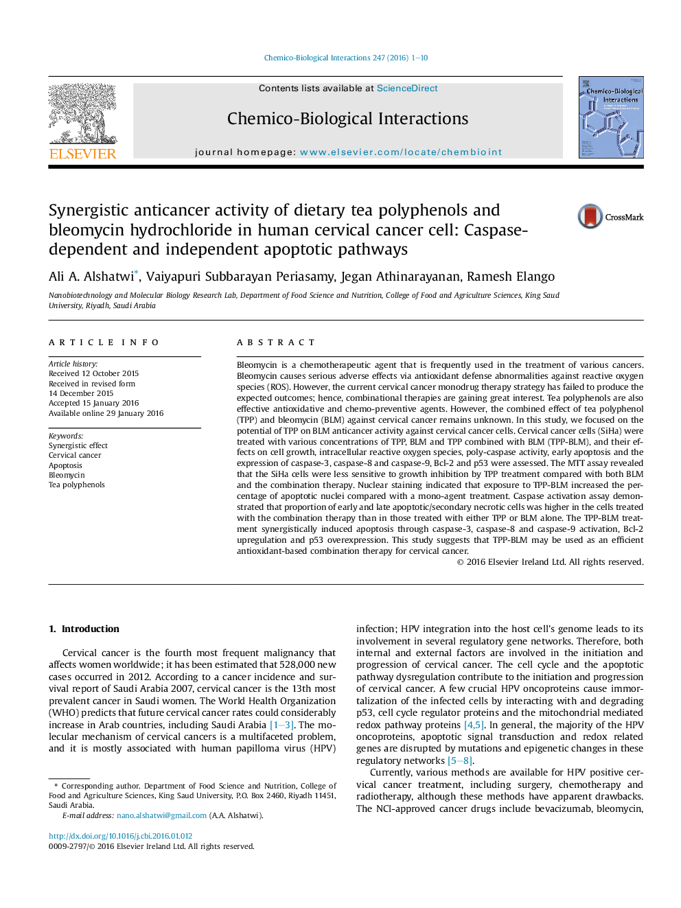 Synergistic anticancer activity of dietary tea polyphenols and bleomycin hydrochloride in human cervical cancer cell: Caspase-dependent and independent apoptotic pathways