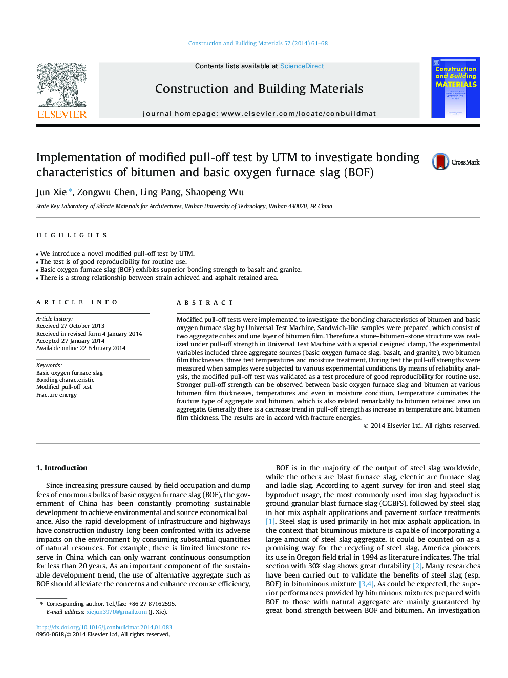 Implementation of modified pull-off test by UTM to investigate bonding characteristics of bitumen and basic oxygen furnace slag (BOF)