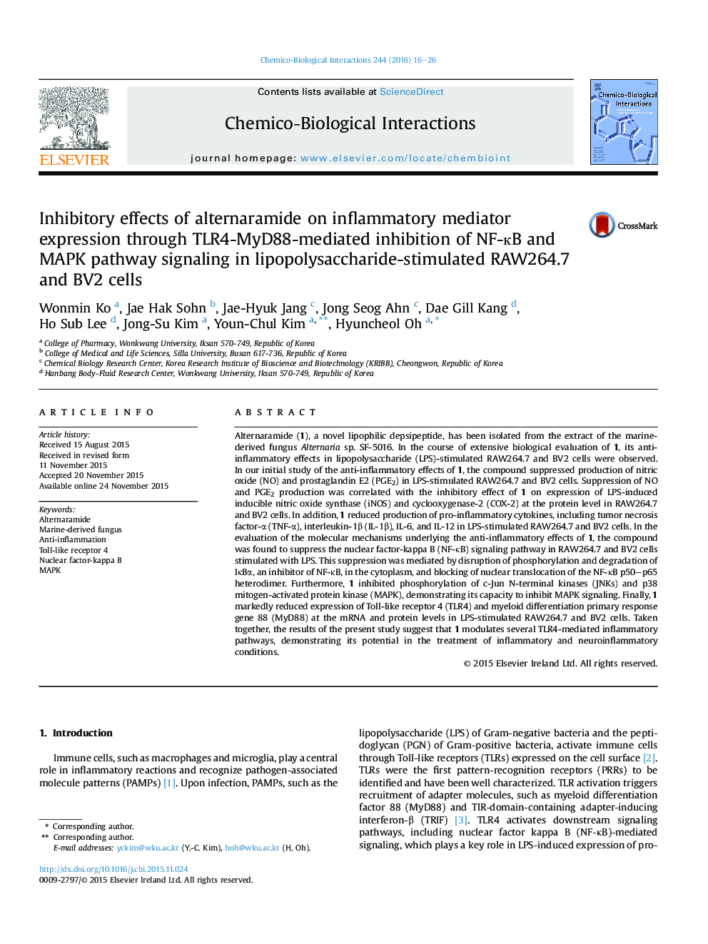 Inhibitory effects of alternaramide on inflammatory mediator expression through TLR4-MyD88-mediated inhibition of NF-кB and MAPK pathway signaling in lipopolysaccharide-stimulated RAW264.7 and BV2 cells