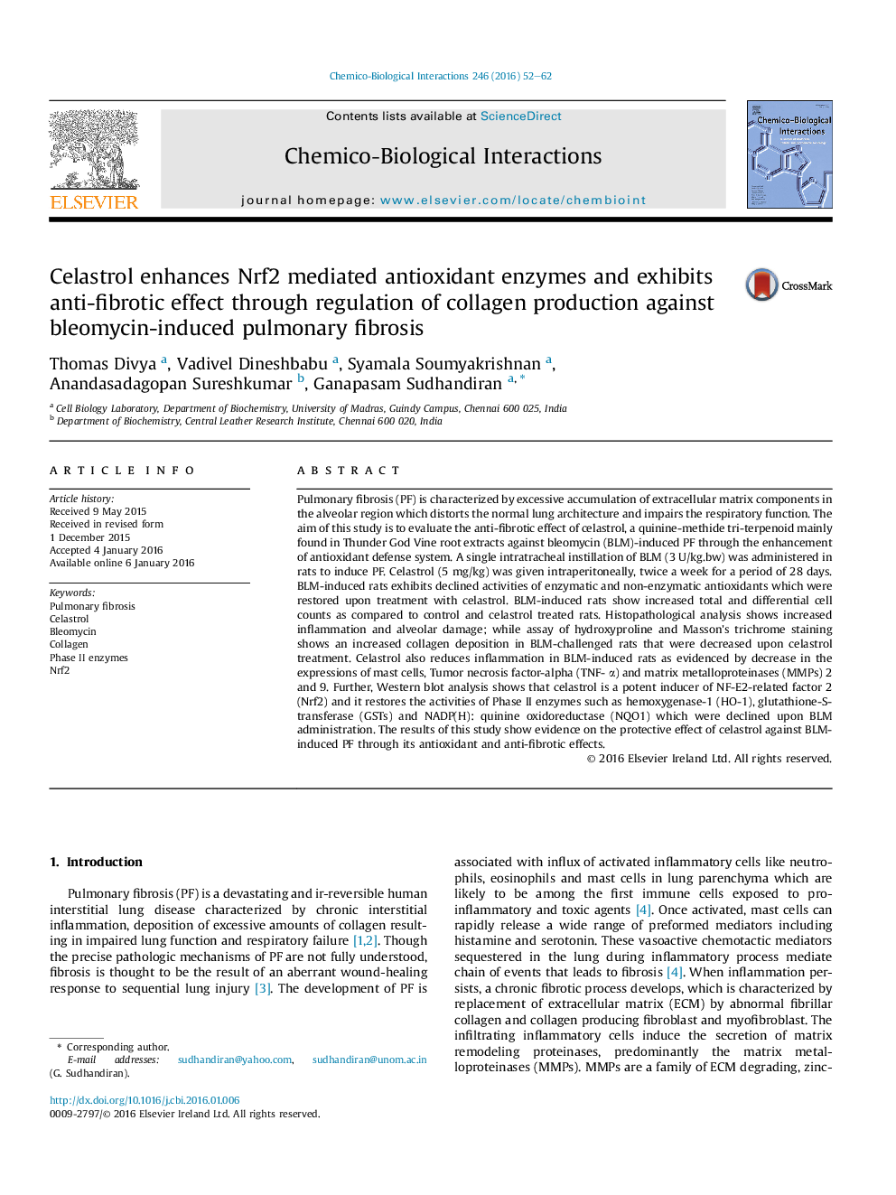 Celastrol enhances Nrf2 mediated antioxidant enzymes and exhibits anti-fibrotic effect through regulation of collagen production against bleomycin-induced pulmonary fibrosis