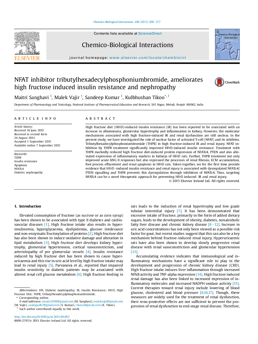 NFAT inhibitor tributylhexadecylphosphoniumbromide, ameliorates high fructose induced insulin resistance and nephropathy