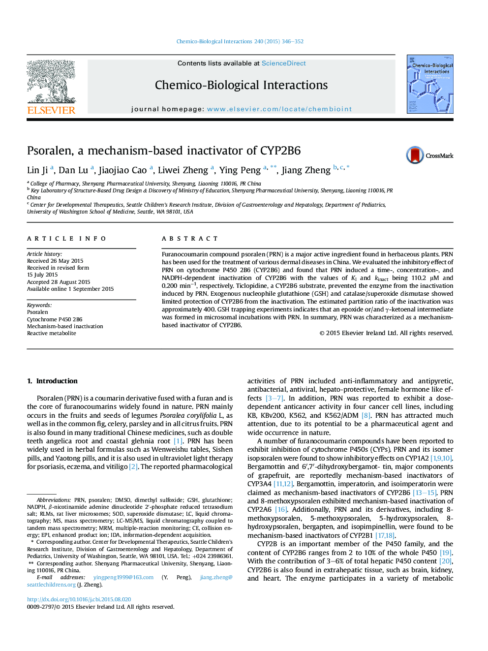 Psoralen, a mechanism-based inactivator of CYP2B6