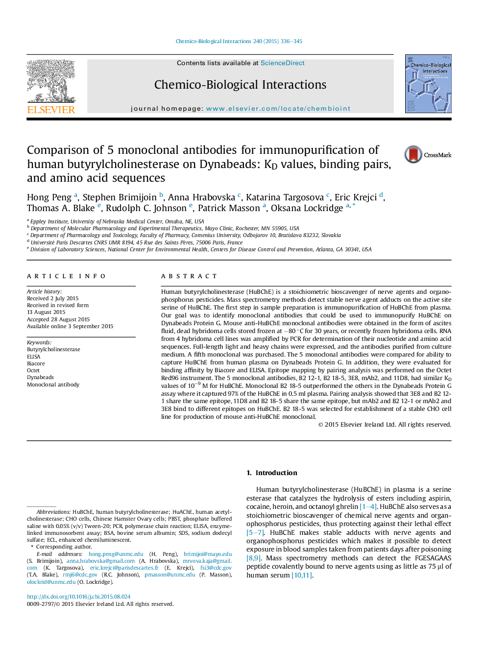 Comparison of 5 monoclonal antibodies for immunopurification of human butyrylcholinesterase on Dynabeads: KD values, binding pairs, and amino acid sequences