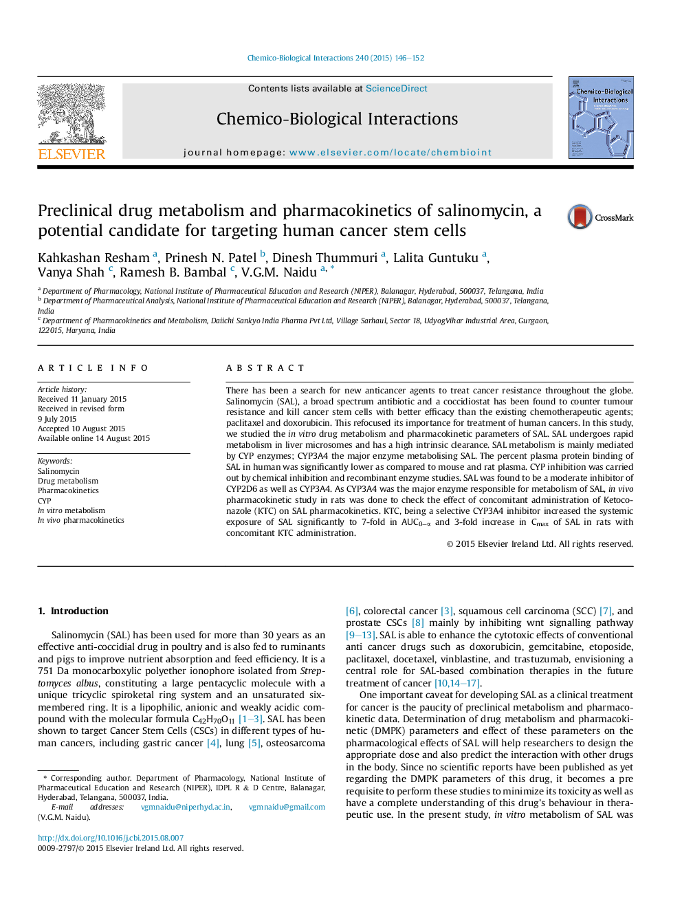 Preclinical drug metabolism and pharmacokinetics of salinomycin, a potential candidate for targeting human cancer stem cells