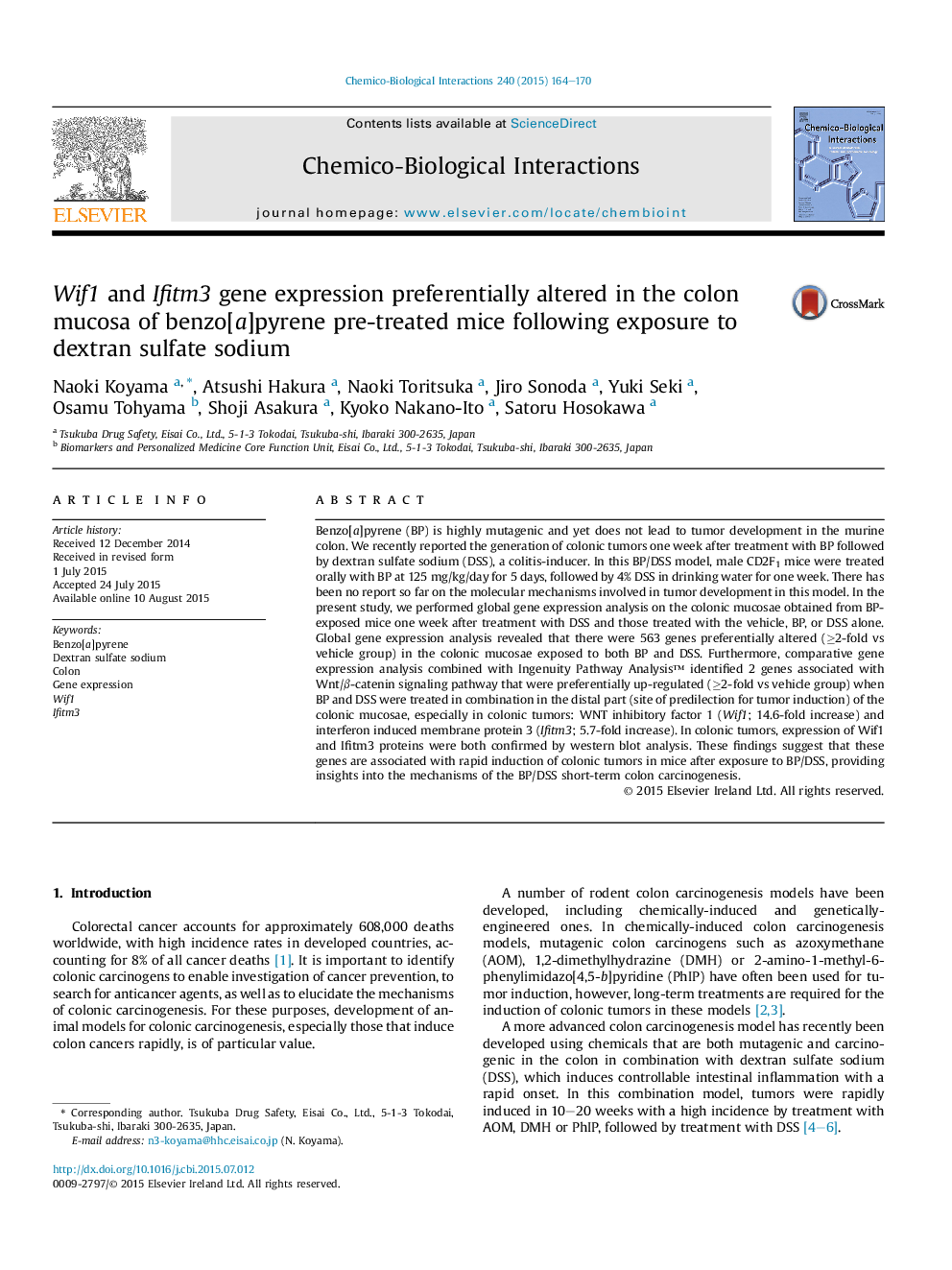 Wif1 and Ifitm3 gene expression preferentially altered in the colon mucosa of benzo[a]pyrene pre-treated mice following exposure to dextran sulfate sodium