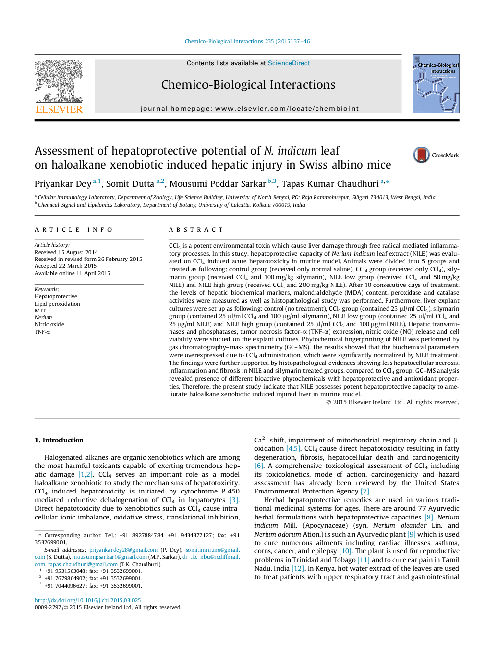 Assessment of hepatoprotective potential of N. indicum leaf on haloalkane xenobiotic induced hepatic injury in Swiss albino mice