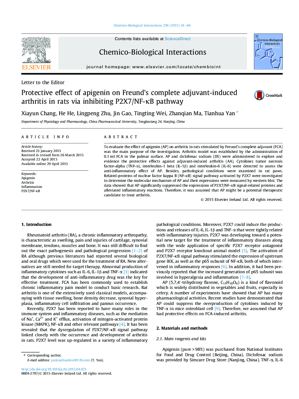 Protective effect of apigenin on Freund’s complete adjuvant-induced arthritis in rats via inhibiting P2X7/NF-κB pathway