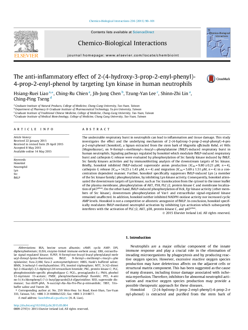 The anti-inflammatory effect of 2-(4-hydroxy-3-prop-2-enyl-phenyl)-4-prop-2-enyl-phenol by targeting Lyn kinase in human neutrophils