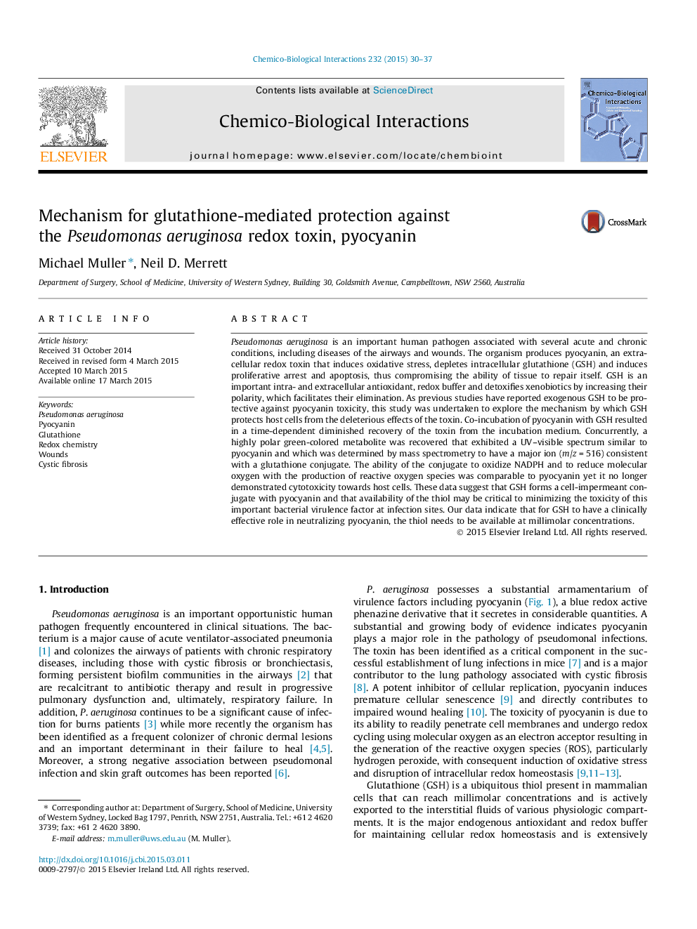 Mechanism for glutathione-mediated protection against the Pseudomonas aeruginosa redox toxin, pyocyanin