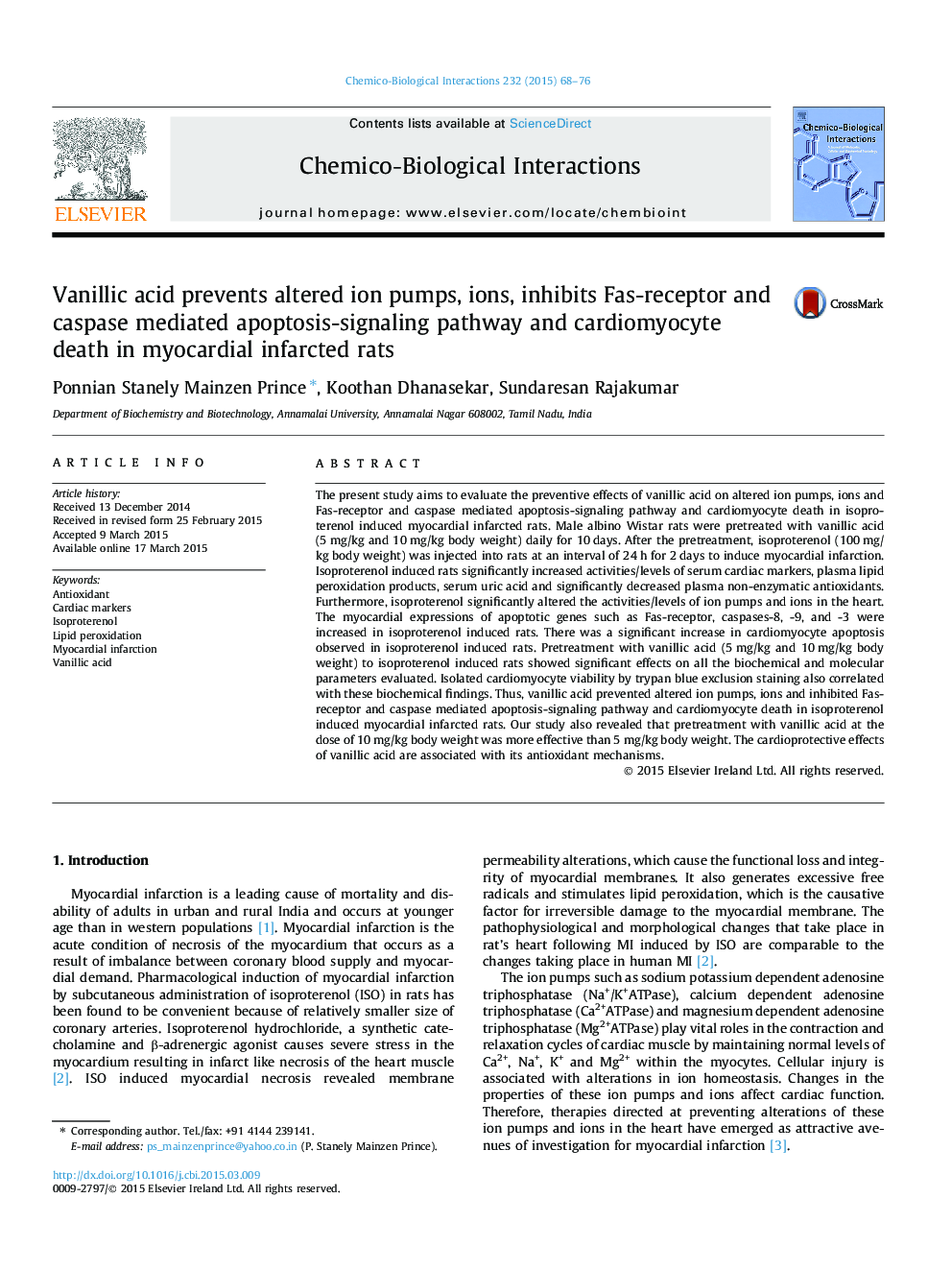 Vanillic acid prevents altered ion pumps, ions, inhibits Fas-receptor and caspase mediated apoptosis-signaling pathway and cardiomyocyte death in myocardial infarcted rats