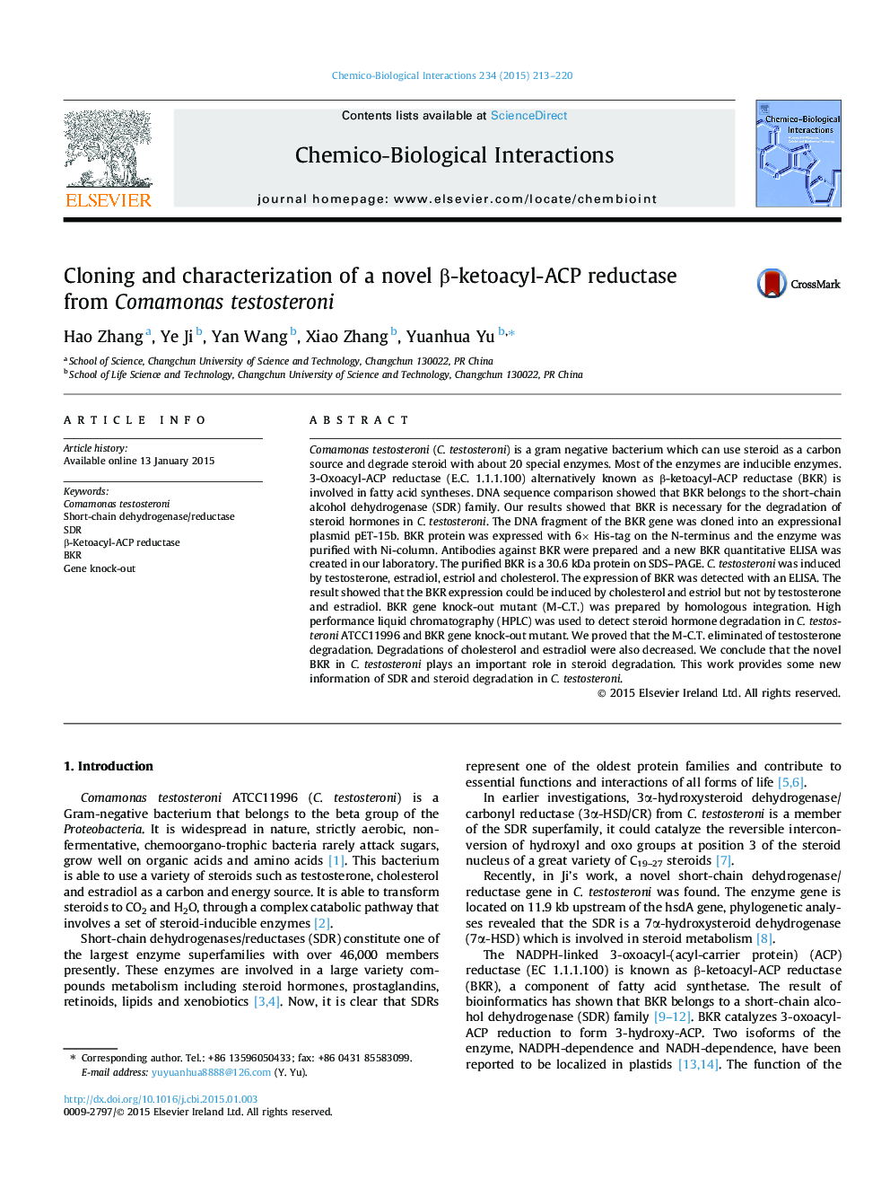 Cloning and characterization of a novel β-ketoacyl-ACP reductase from Comamonas testosteroni