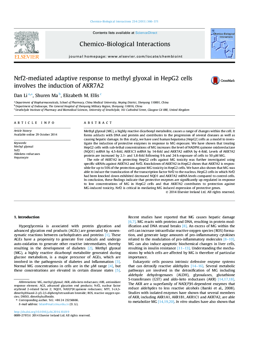 Nrf2-mediated adaptive response to methyl glyoxal in HepG2 cells involves the induction of AKR7A2