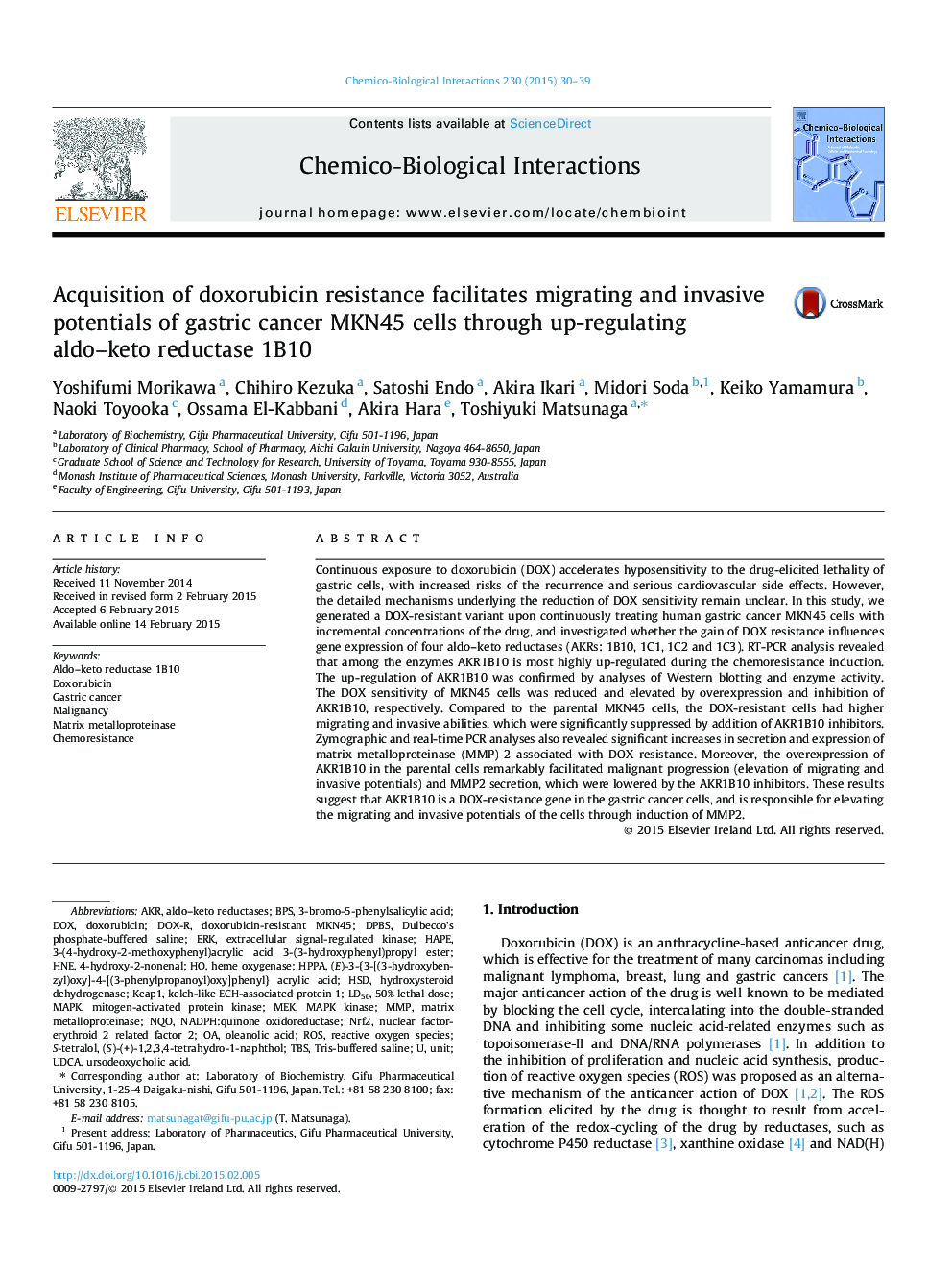 Acquisition of doxorubicin resistance facilitates migrating and invasive potentials of gastric cancer MKN45 cells through up-regulating aldo–keto reductase 1B10