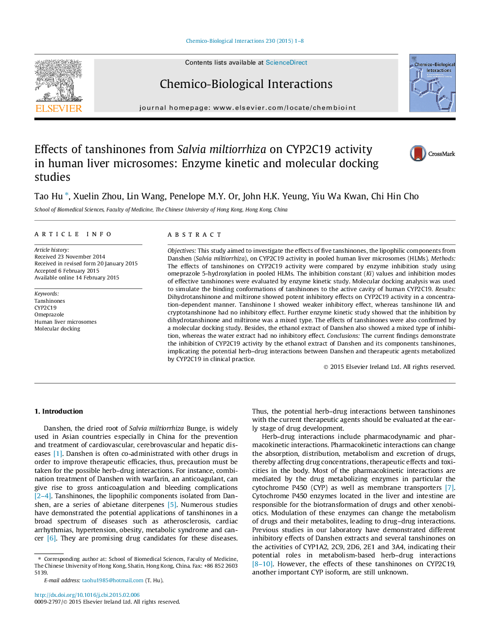 Effects of tanshinones from Salvia miltiorrhiza on CYP2C19 activity in human liver microsomes: Enzyme kinetic and molecular docking studies