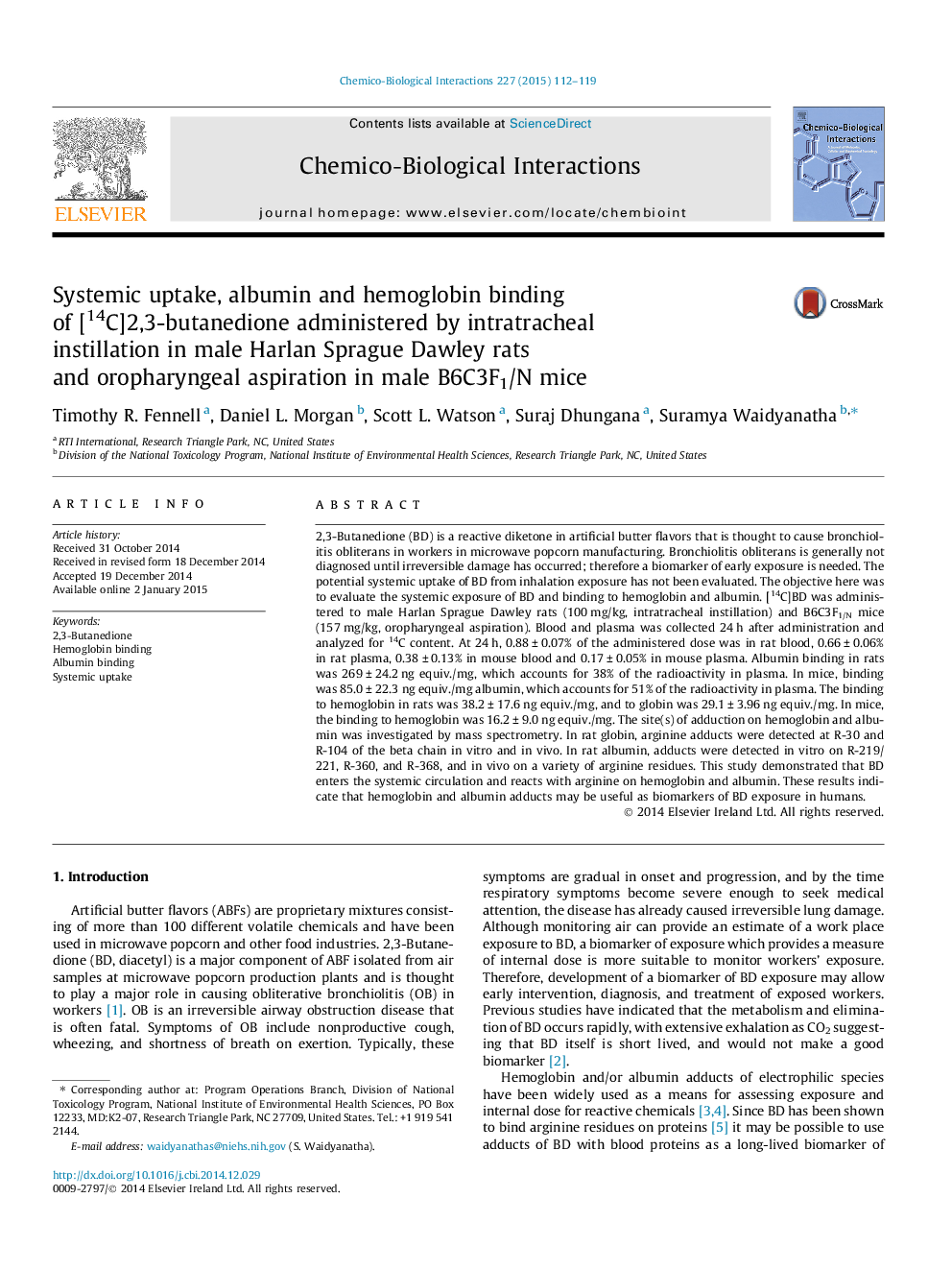 Systemic uptake, albumin and hemoglobin binding of [14C]2,3-butanedione administered by intratracheal instillation in male Harlan Sprague Dawley rats and oropharyngeal aspiration in male B6C3F1/N mice