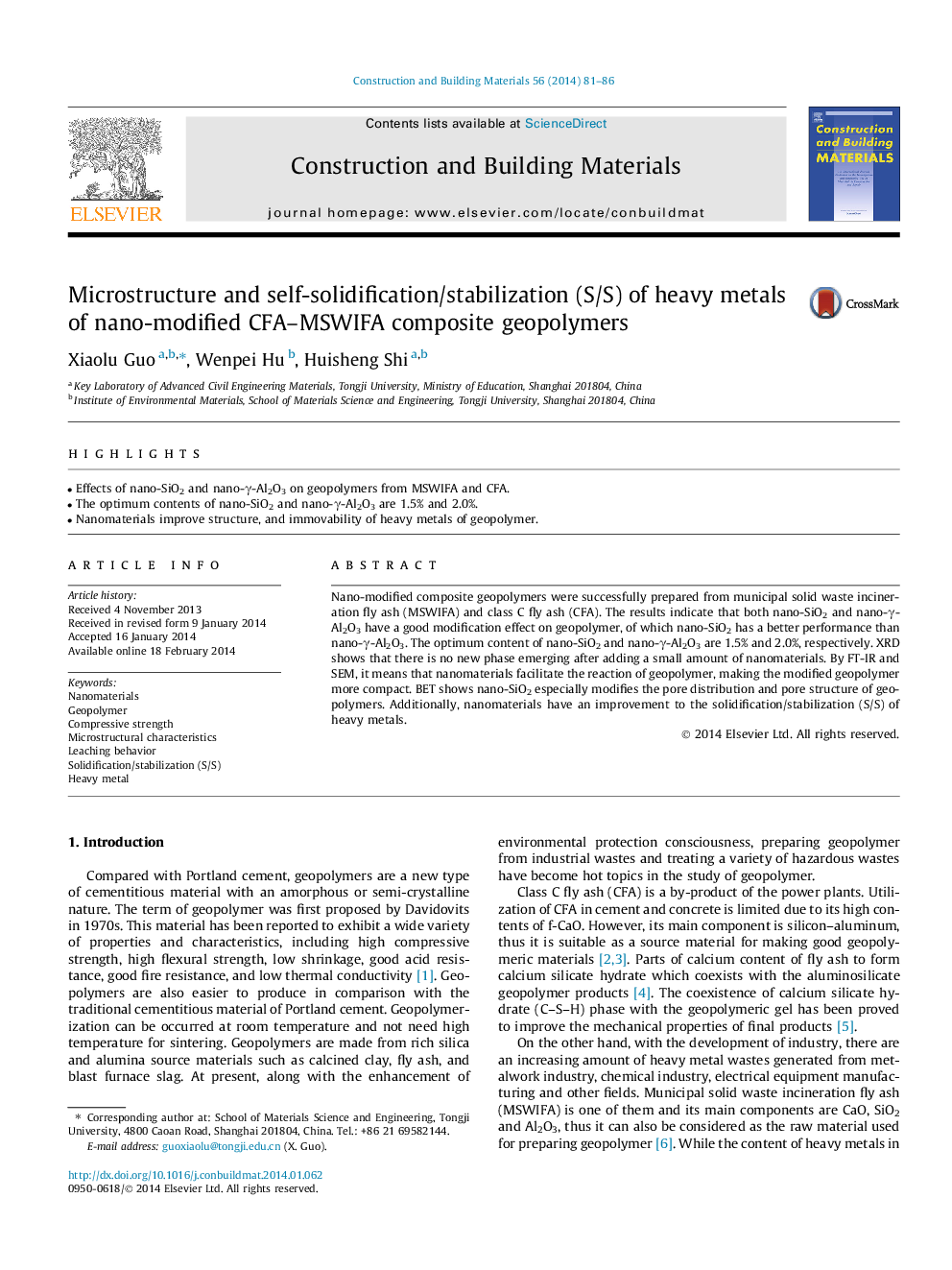 Microstructure and self-solidification/stabilization (S/S) of heavy metals of nano-modified CFA–MSWIFA composite geopolymers