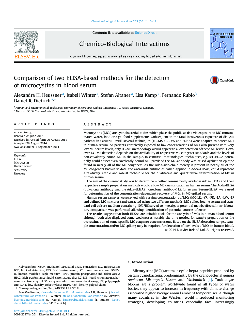 Comparison of two ELISA-based methods for the detection of microcystins in blood serum