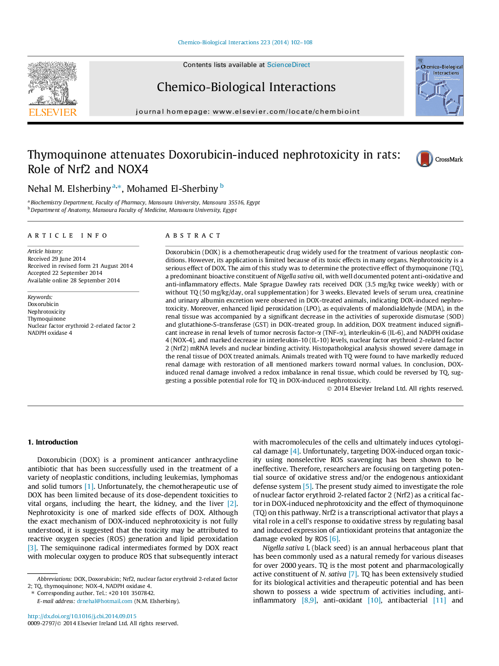 Thymoquinone attenuates Doxorubicin-induced nephrotoxicity in rats: Role of Nrf2 and NOX4