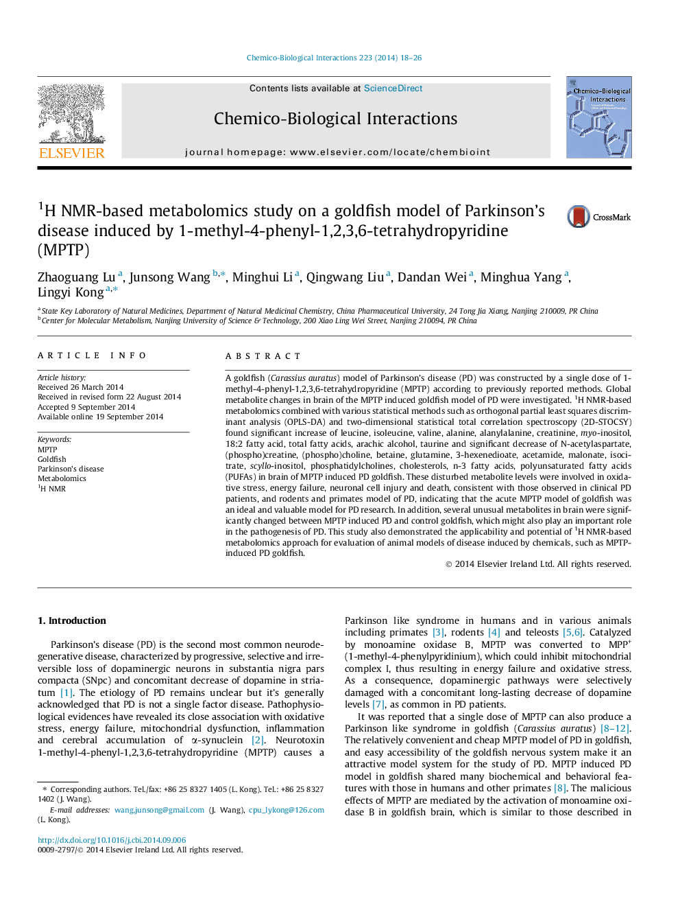 1H NMR-based metabolomics study on a goldfish model of Parkinson’s disease induced by 1-methyl-4-phenyl-1,2,3,6-tetrahydropyridine (MPTP)