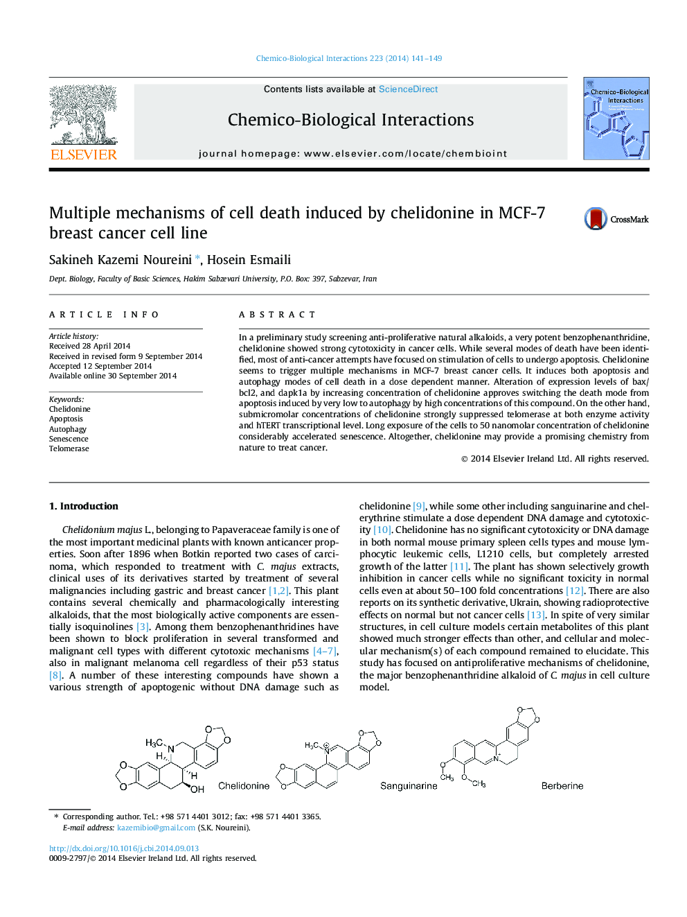 Multiple mechanisms of cell death induced by chelidonine in MCF-7 breast cancer cell line