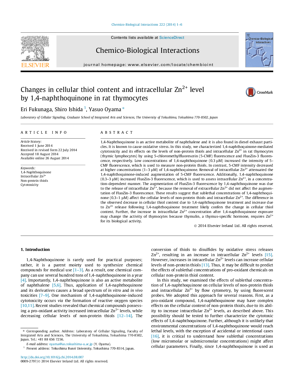 Changes in cellular thiol content and intracellular Zn2+ level by 1,4-naphthoquinone in rat thymocytes