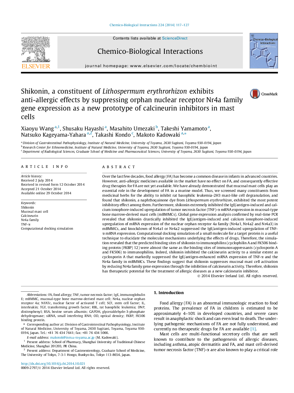 Shikonin, a constituent of Lithospermum erythrorhizon exhibits anti-allergic effects by suppressing orphan nuclear receptor Nr4a family gene expression as a new prototype of calcineurin inhibitors in mast cells