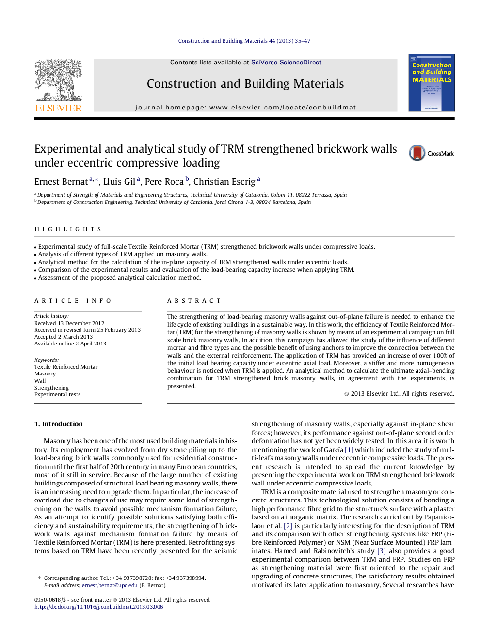 Experimental and analytical study of TRM strengthened brickwork walls under eccentric compressive loading