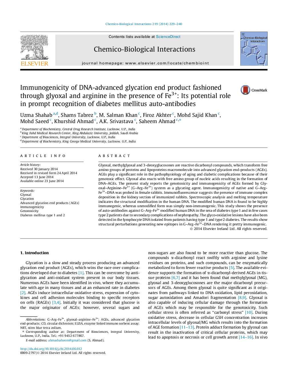 Immunogenicity of DNA-advanced glycation end product fashioned through glyoxal and arginine in the presence of Fe3+: Its potential role in prompt recognition of diabetes mellitus auto-antibodies