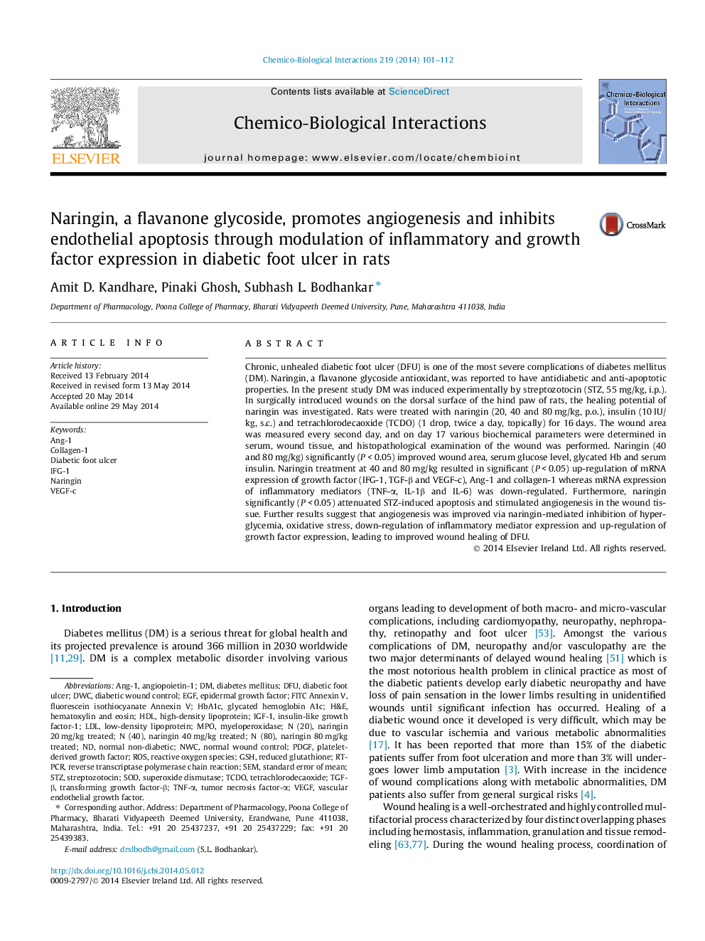 Naringin, a flavanone glycoside, promotes angiogenesis and inhibits endothelial apoptosis through modulation of inflammatory and growth factor expression in diabetic foot ulcer in rats