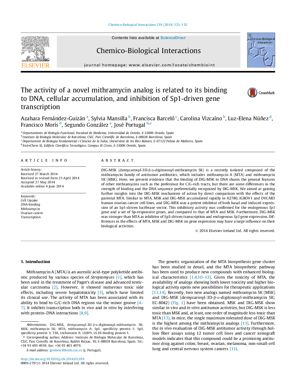 The activity of a novel mithramycin analog is related to its binding to DNA, cellular accumulation, and inhibition of Sp1-driven gene transcription