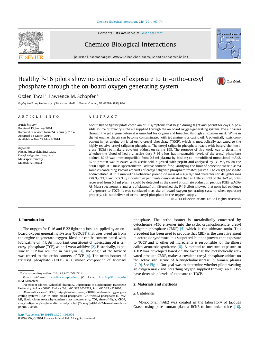Healthy F-16 pilots show no evidence of exposure to tri-ortho-cresyl phosphate through the on-board oxygen generating system