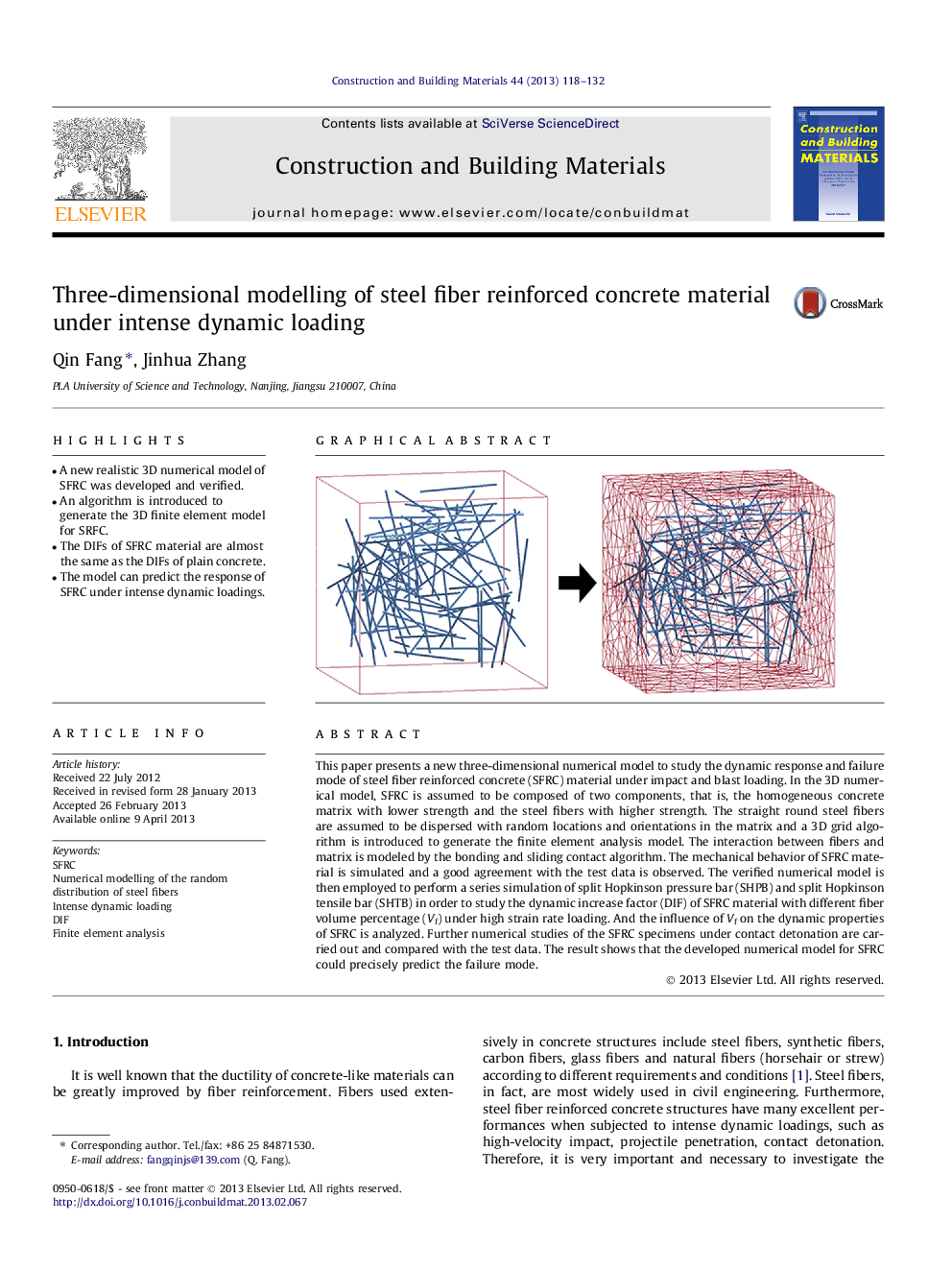 Three-dimensional modelling of steel fiber reinforced concrete material under intense dynamic loading