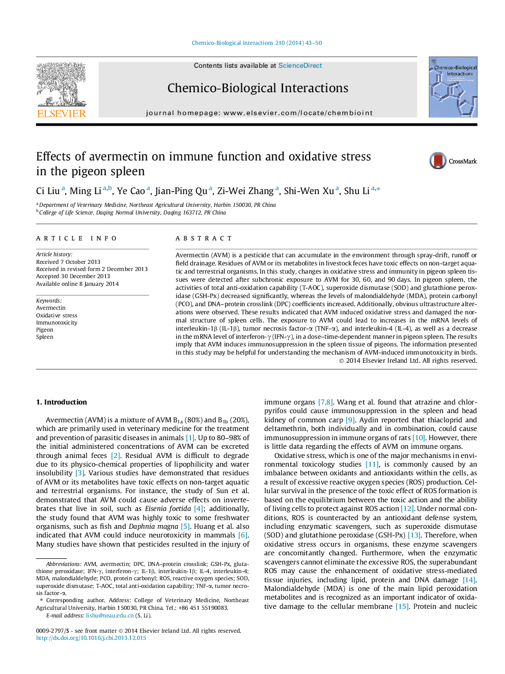 Effects of avermectin on immune function and oxidative stress in the pigeon spleen