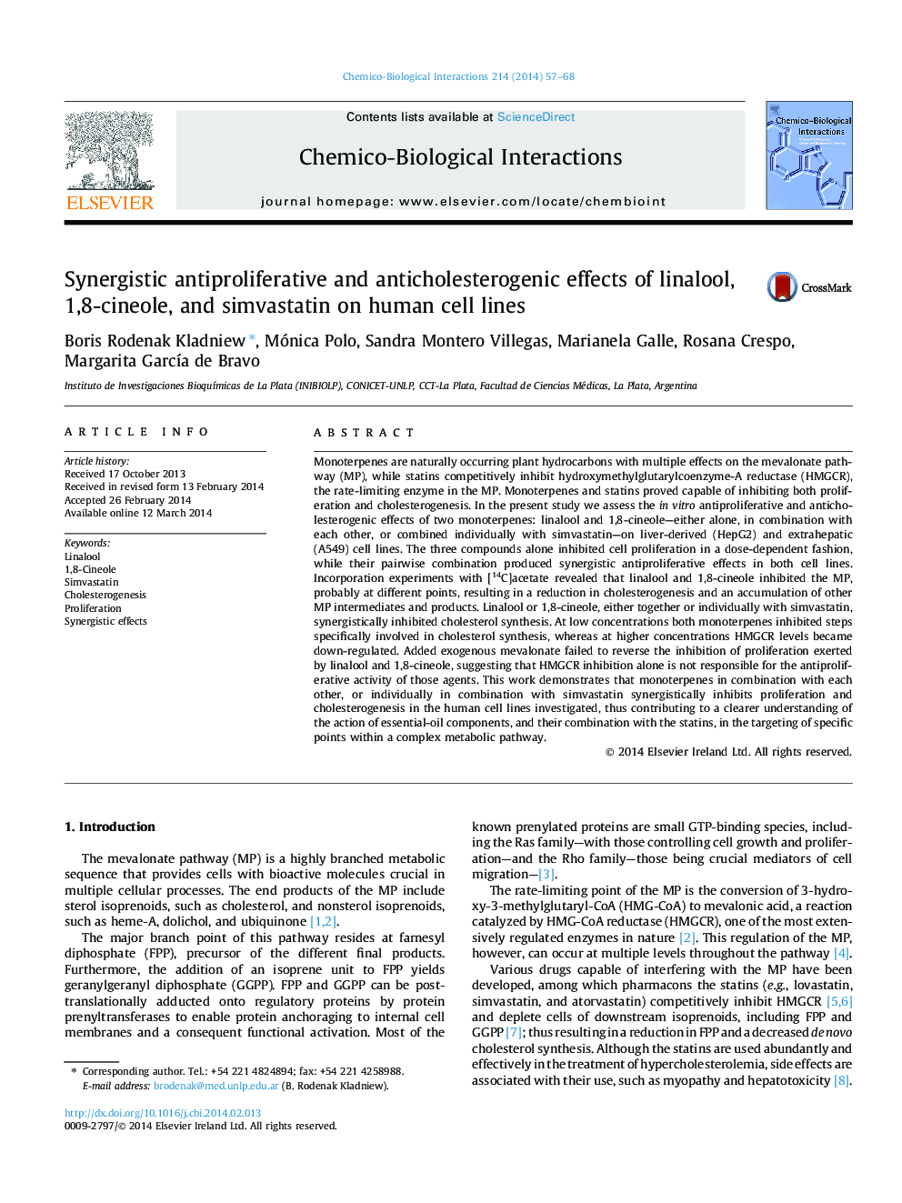 Synergistic antiproliferative and anticholesterogenic effects of linalool, 1,8-cineole, and simvastatin on human cell lines