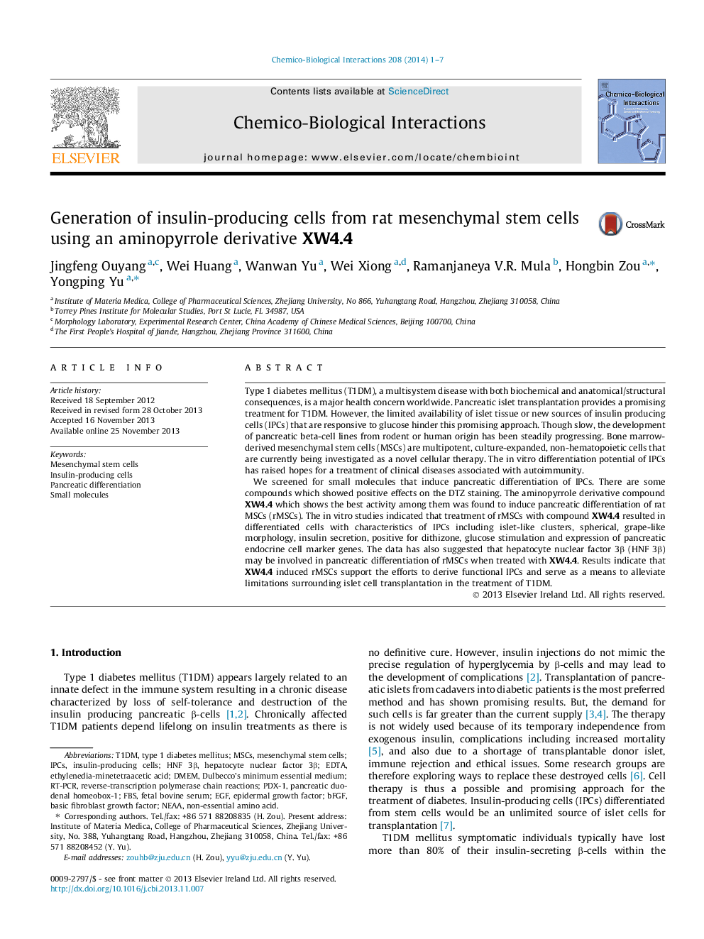 Generation of insulin-producing cells from rat mesenchymal stem cells using an aminopyrrole derivative XW4.4